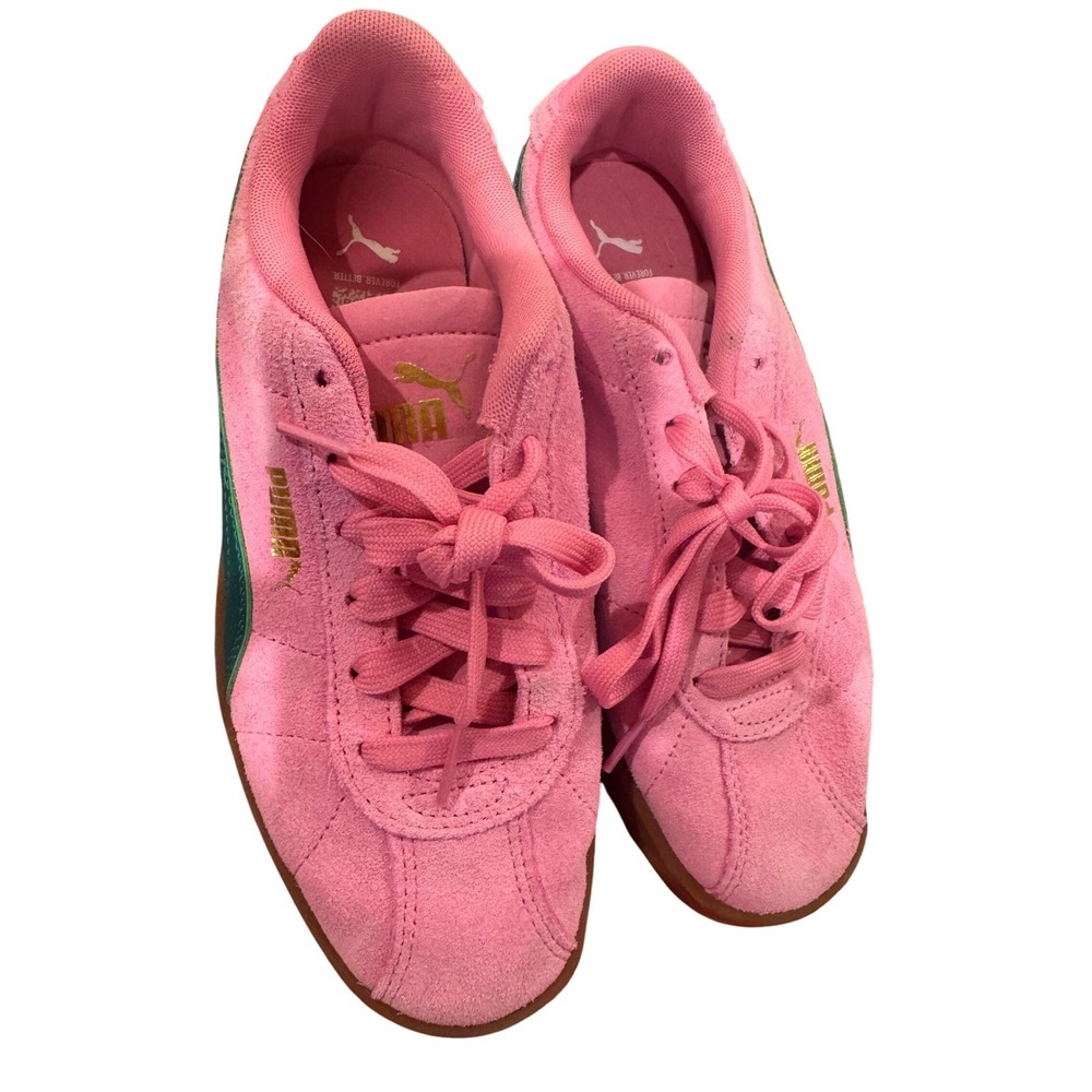 Pink Puma Suede Sneakers Youth Size 5 Teal Stripe Gum Sole Lace Up Casual Shoes - Picture 3 of 7